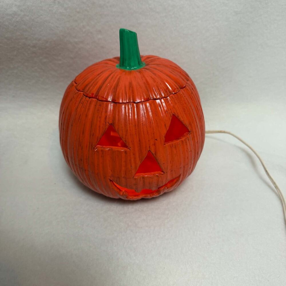 Vintage 70s Jack-O'-Lantern Ceramic Lighted Pumpkin 7" Plug In Halloween Decor - Picture 2 of 14